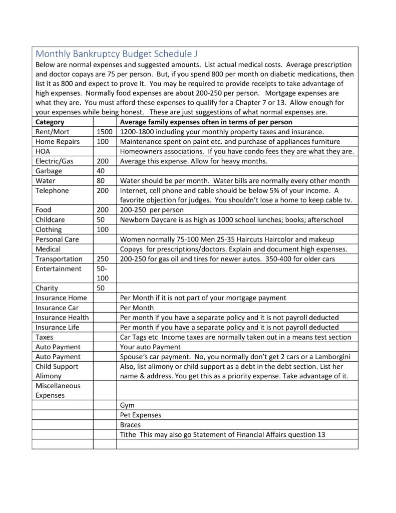 Monthly Bankruptcy Budget Schedule J