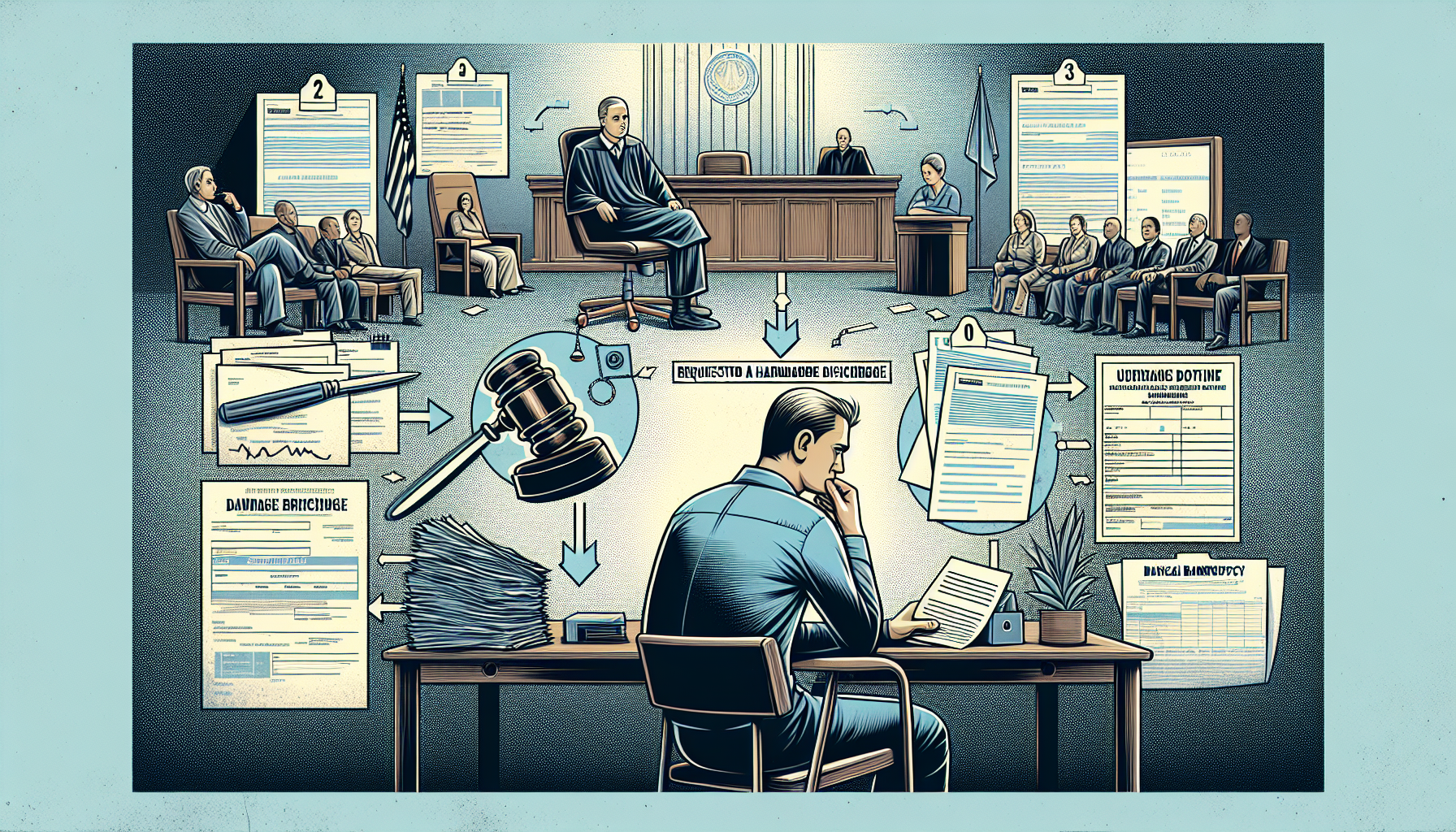 An illustration depicting the process of requesting a hardship discharge in bankruptcy.