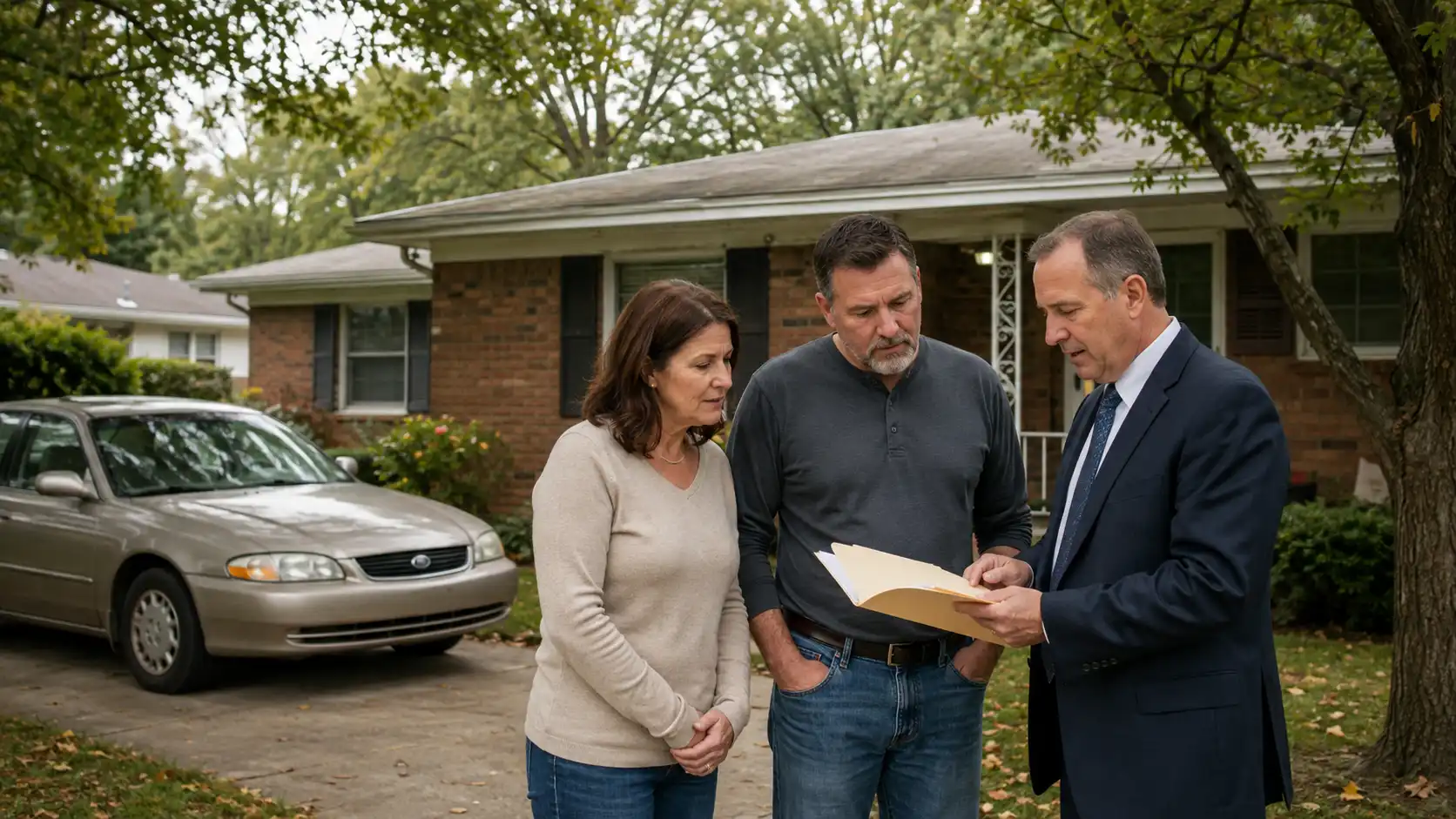 Hillview couple reviewing car loan documents with a bankruptcy attorney outside their home